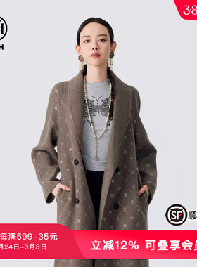 TCH潮牌烫钻休闲百搭山羊绒长款毛呢大衣女秋冬新款T72D286013
