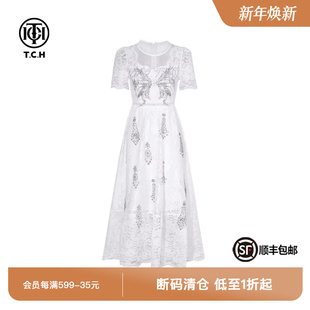TCH轻奢烫钻时尚 优雅气质蕾丝白月光连衣裙女A字长裙T75B30E1031