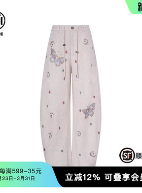 TCH私服烫钻亚麻薄款高腰弯刀裤阔腿宽松休闲裤女夏季T75B20E5089