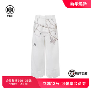TCH私服烫钻蕾丝拼接亚麻百搭直筒宽松显瘦九分休闲裤 T75B20E5139