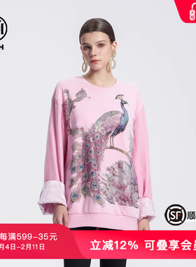 TCH新中式烫钻时尚圆领拼接袖粉色卫衣女春秋新款T72C116108