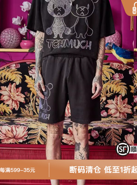 TCH潮牌轻奢潮牌烫钻情侣熊系列男女黑色休闲裤五分裤T66A218101