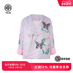 TCH新中式盘扣斜襟烫钻毛毛袖厚棉服外套冬季新款T72D186020