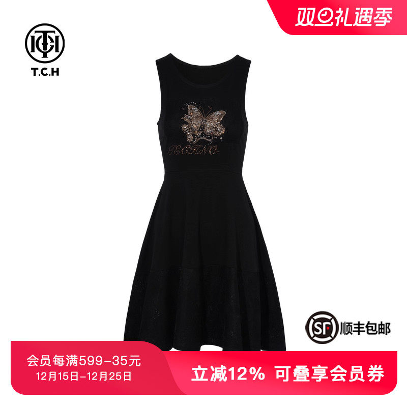 蝴蝶气质收腰显瘦无袖连衣裙