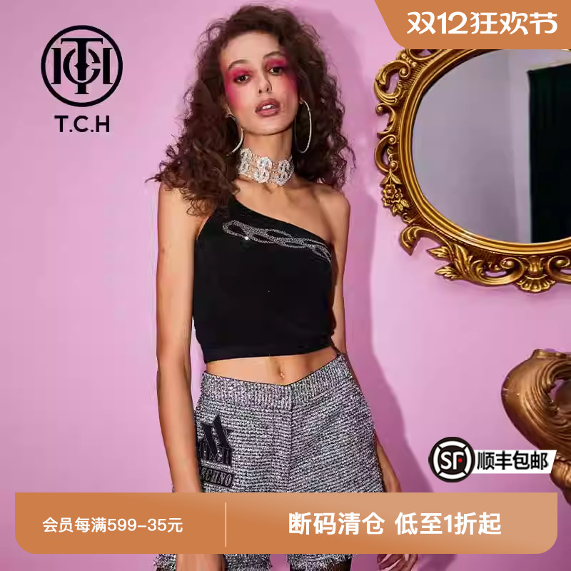TCH轻奢潮牌烫钻斜肩背心吊带T214146001