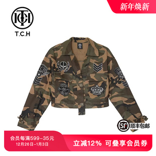 春秋上衣T21127C6004 时尚 TCH潮牌轻奢潮牌烫钻迷彩短款 外套女个性
