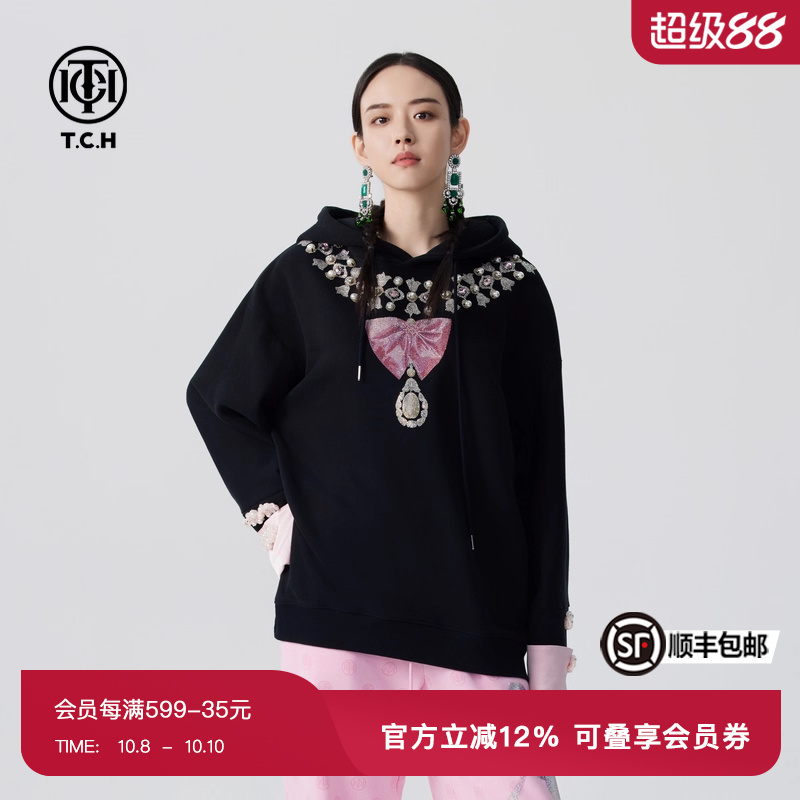 TCH潮牌烫钻蝴蝶结国风连帽卫衣女2025套头帽衫T72C126002