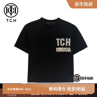 TCH潮牌重工刺绣烫钻半高领短款 T恤T66C10E6035