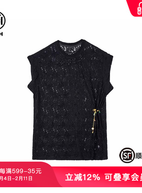 TCH潮牌新中式蝴蝶烫钻时尚显瘦黑色蕾丝短袖T72A10E9013