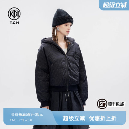 TCH潮牌满印烫钻美式工装连帽羽绒服外套2024冬季新款T72D198006