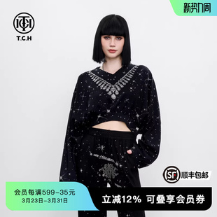 TCH潮酷时尚洋气重工烫钻露脐短款宽松卫衣外套女夏季新款