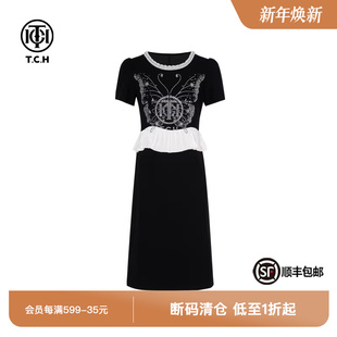T75B30E1160 新款 TCH轻奢烫钻时尚 设计感蝴蝶黑色气质连衣裙女夏季