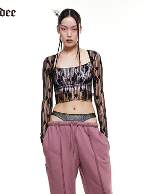 Badee 春季性感蕾丝透气露腰长袖打底衫女士内搭短款辣妹上衣