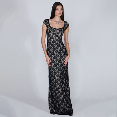 SCULPTOR性感玫瑰蕾丝印花微透网纱连衣裙女气质感长裙春秋款