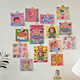 饰墙贴卡片素 小熊涂鸦女孩装 可爱日子 ins风卡通油画插画明信片