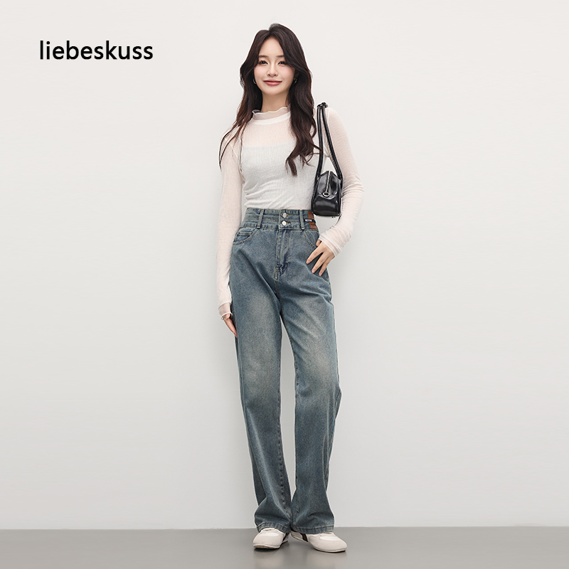 高腰长款薄牛仔女裤复古设计感