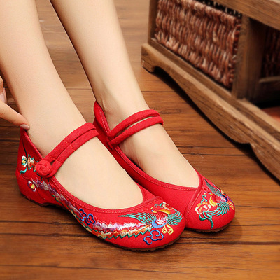 正品老北京布鞋绣花增高坡跟