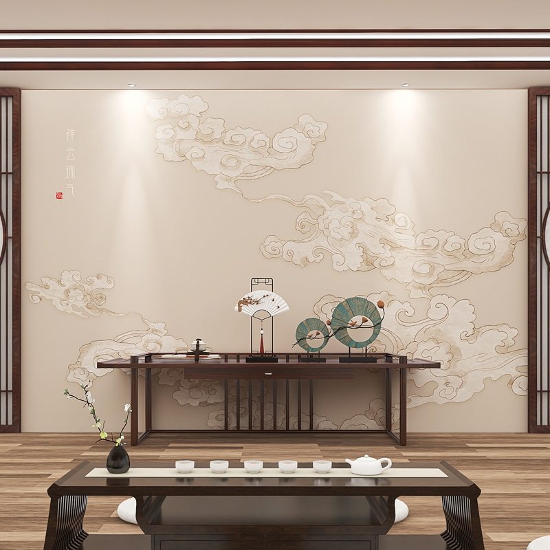 新中式3D电视背景墙祥云壁纸客厅茶室壁画中国风餐厅墙纸禅意墙布
