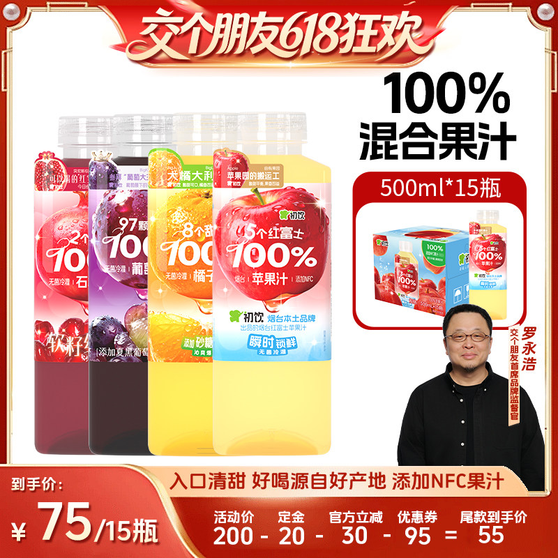 【交个朋友618先加购】初饮果汁100%饮料500ml*15大瓶装