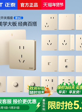 正泰6C香槟金色开关插座面板多孔一开五5孔家用86型chint墙壁插座