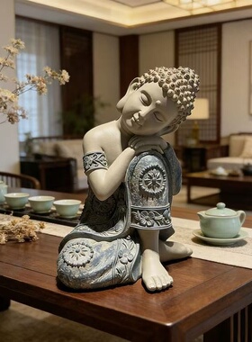 禅意创意25cm坐姿睡佛摆件庭院茶室展示柜桌面装饰茶室布置物件