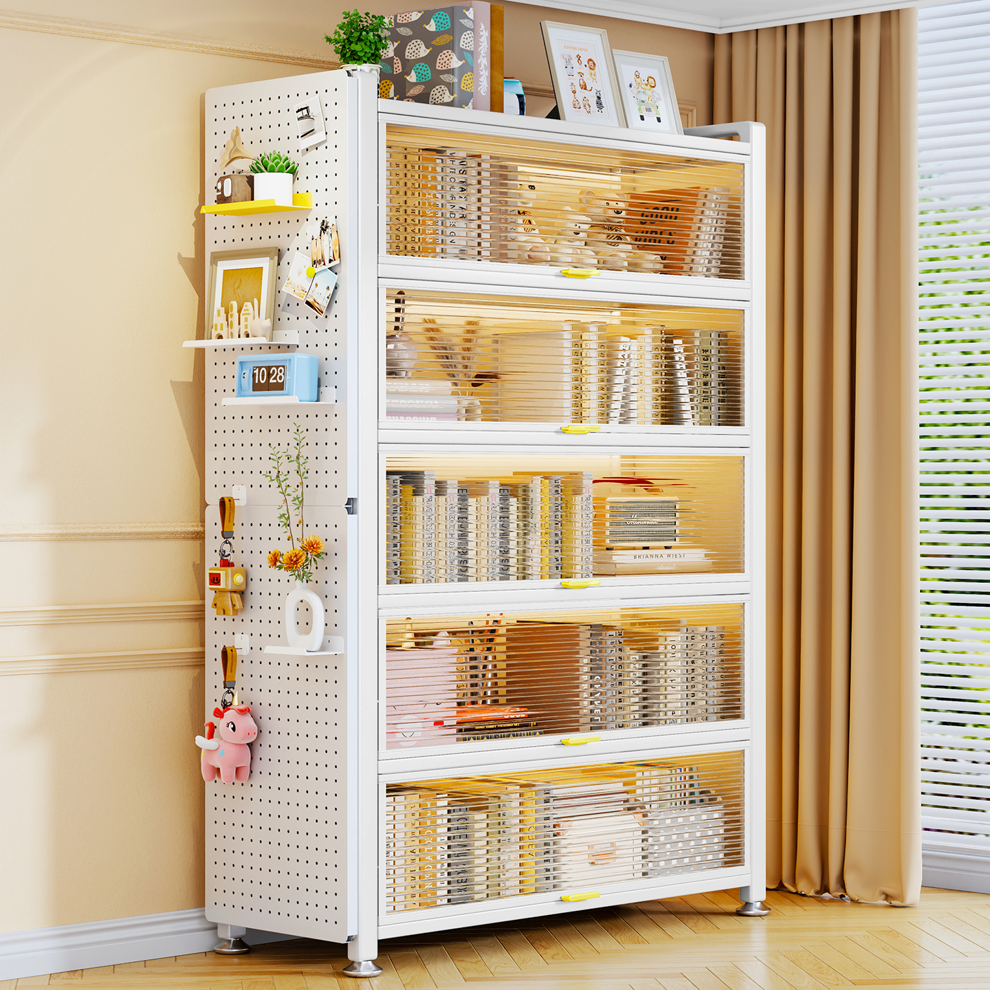 钢制书柜儿童书架防尘落地收纳柜