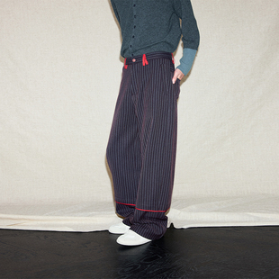 PIHO高级感原创暗竖条纹休闲裤2025秋冬新款宽松直筒阔腿裤长裤