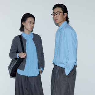 PIHO美拉蓝2024秋新品长袖衬衣男高级感外套纯蓝色木耳边正肩衬衫