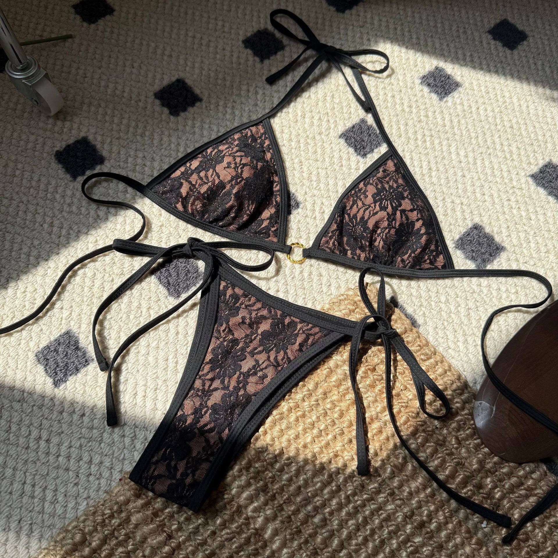 女士三角性感蕾丝系带bikini泳衣辣妹沙滩海边显瘦分体比基尼泳装