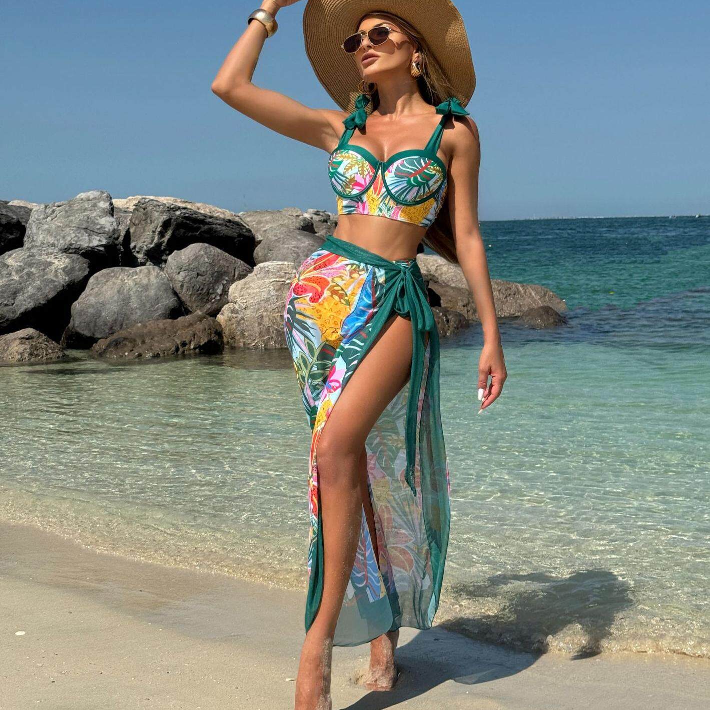女士性感拼色印花花卉三件套网纱沙滩长裙泳装网红硬杯分体bikini