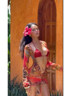 欧美女士性感橙色豹纹印花比基尼泳衣辣妹三角系带三件套罩衫泳装