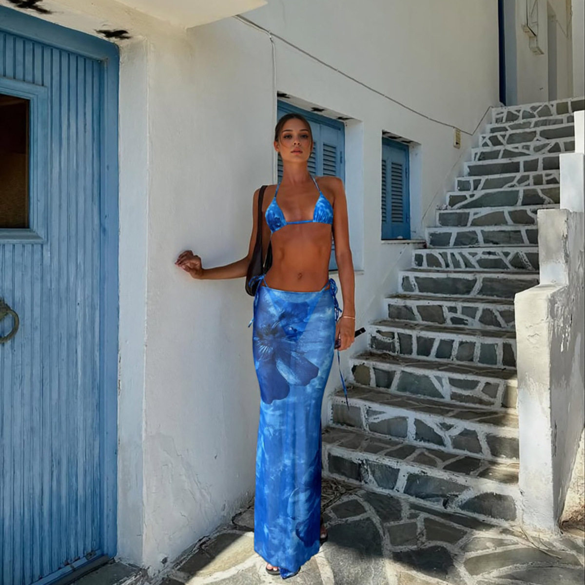 女性感扎染印花分体三角bikini泳衣辣妹海边长裙三件套系带比基尼