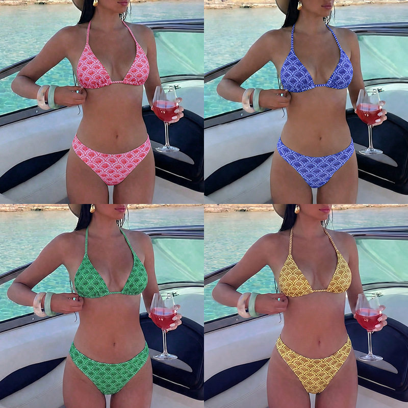 女士INS性感印花三角分体泳衣辣妹网红小清新系带bikini显瘦泳装