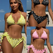 女士性感刺绣花边三角系带分体比基尼泳衣辣妹沙滩纯欲显瘦bikini
