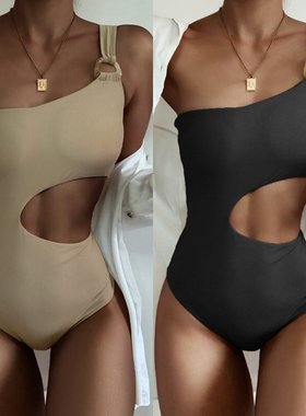 2021欧美黑色无袖单肩连体泳衣性感露腰沙滩度假连身比基尼bikini