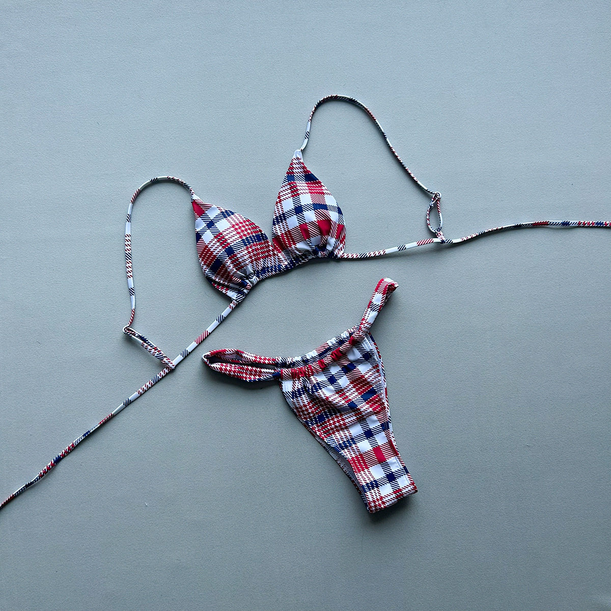 女红色复古格子印花三角系带分体bikini泳衣辣妹海岛度假显瘦泳装