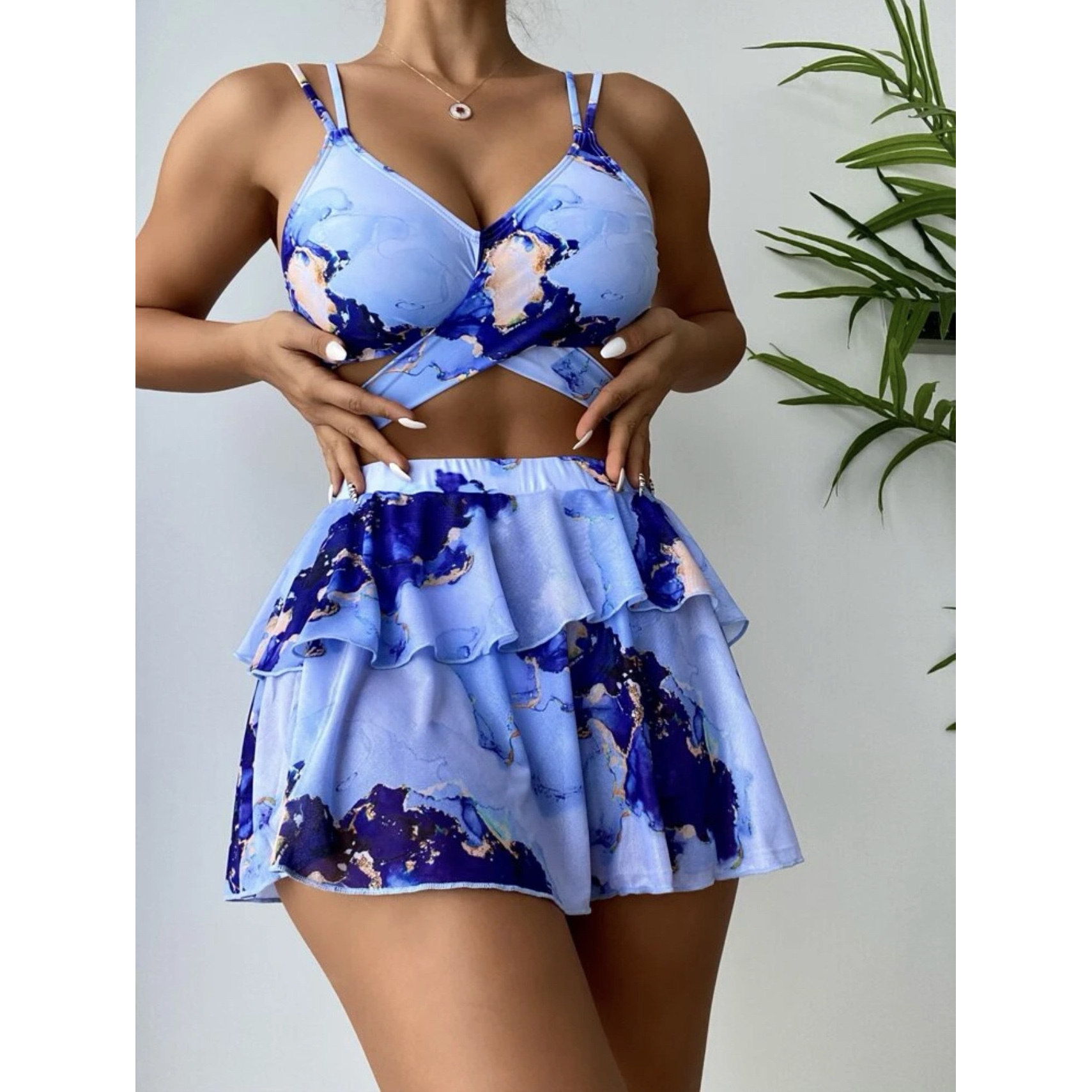 欧美女大理石印花分体三件套bikini泳衣网红性感沙滩裙比基尼泳装