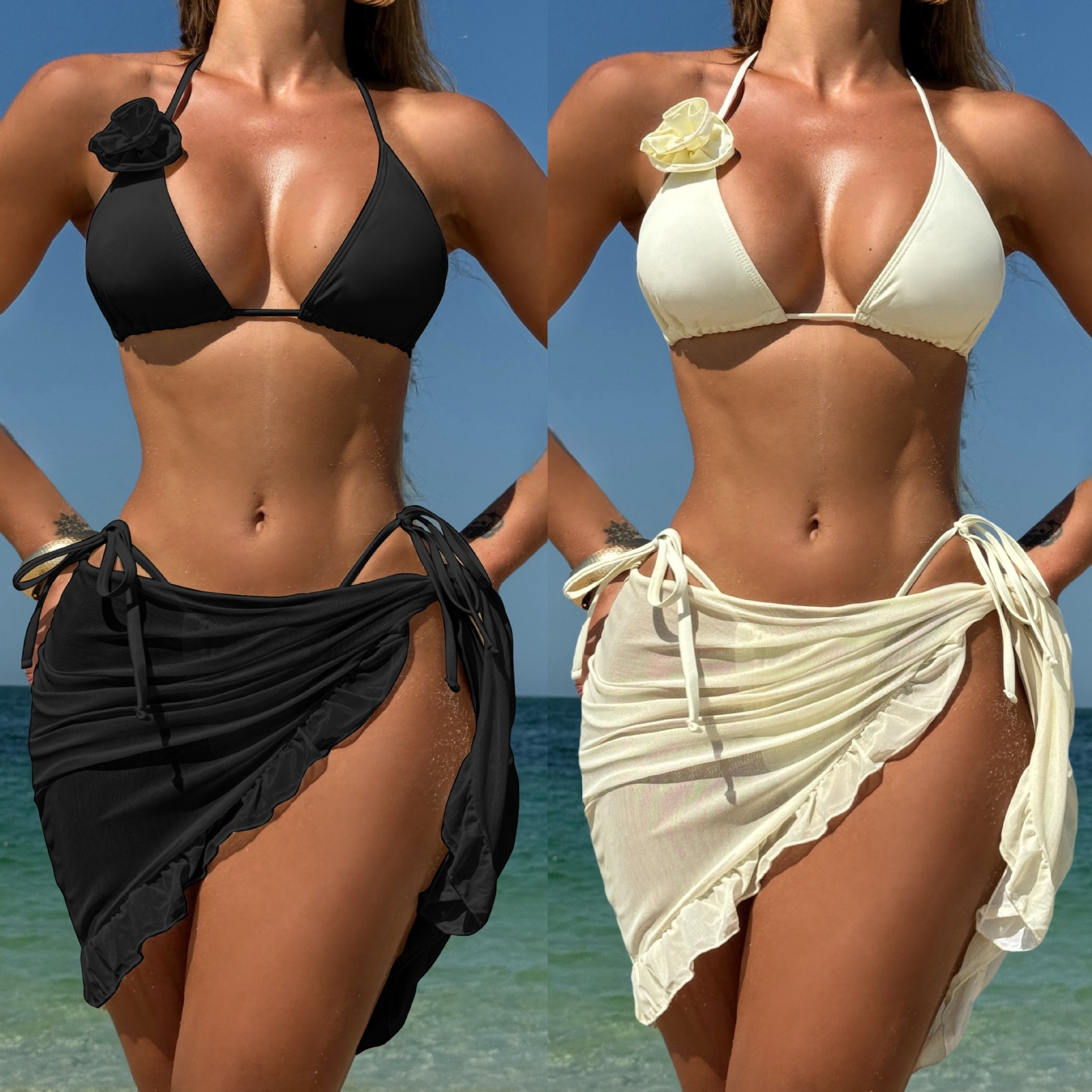 女士纯色三角系带3D立体玫瑰花分体泳衣温泉辣妹三件套短裙bikini