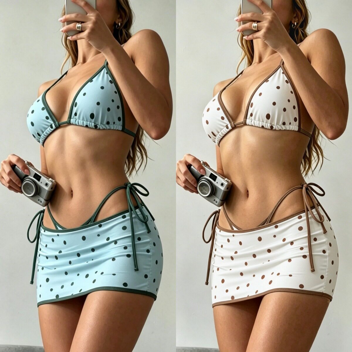 女士波点印花甜妹海边泳衣纯欲撞色海岛度假三件他系带分体bikini