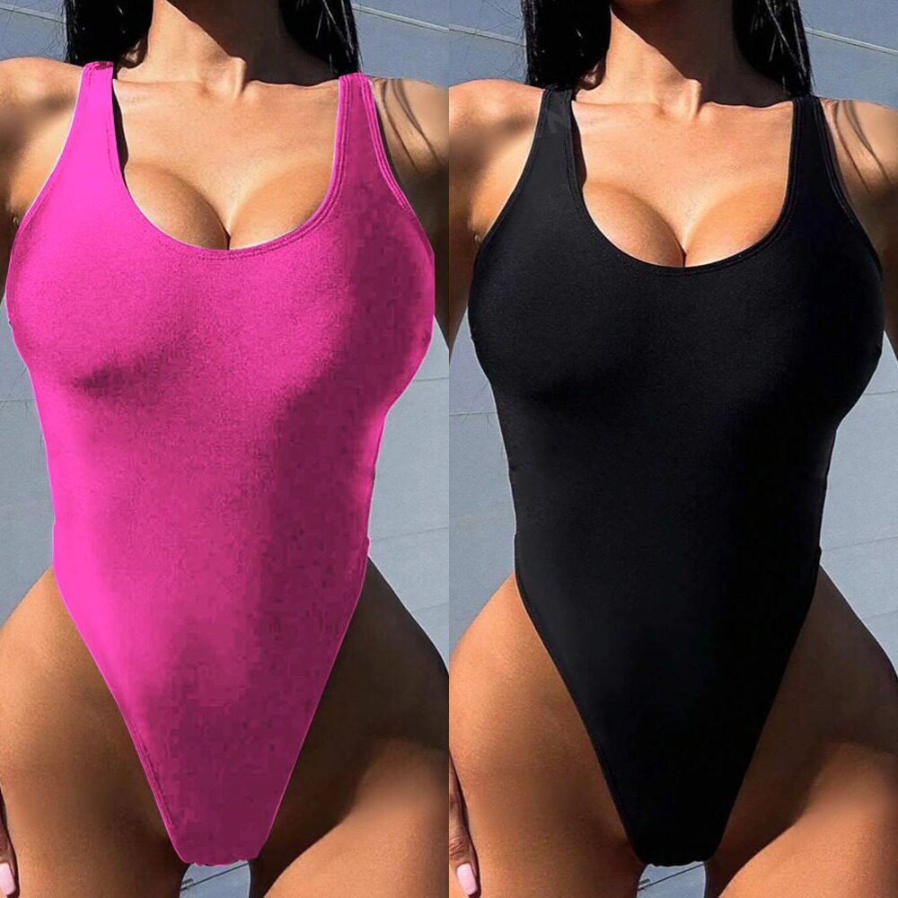 女士性感纯色连体大露背bikini泳衣遮肚显瘦沙滩丁字裤比基尼泳装