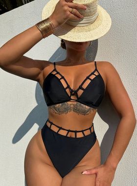 2024新款黑色辣妹分体bikini泳衣性感三角镂空海边沙滩比基尼泳装