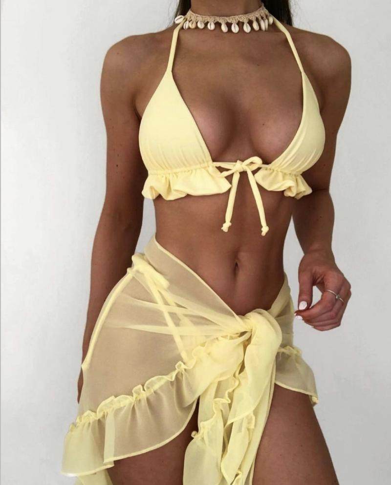 2022欧美新款网纱裙摆褶皱泳装比基尼辣妹海边度假三件套bikini