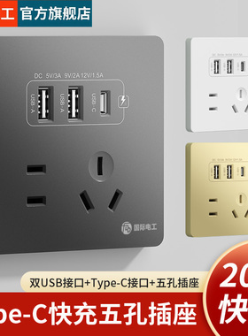 国际电工86型20W快充USB插座开关面板墙壁手机充电Type-c家用五孔