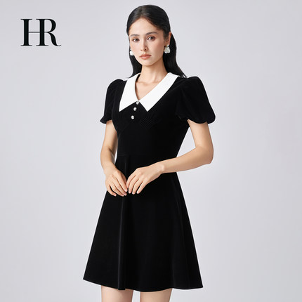 HR赫莲娜法式优雅黑色连衣裙女25早秋气质通勤显瘦复古丝绒小黑裙