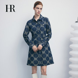 新品 HR赫莲娜2025秋季 翻领牛仔连衣裙品牌logo印花松紧腰女士裙子