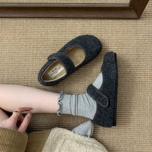 厚底加绒魔术贴毛毛鞋女鞋子2025秋冬季配裙子玛丽珍单鞋保暖