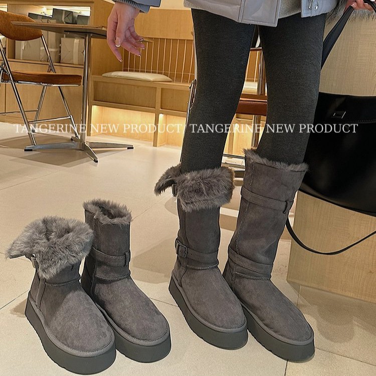 灰色长筒雪地靴女2025冬新款两穿不过膝厚底增高加绒加厚短筒靴