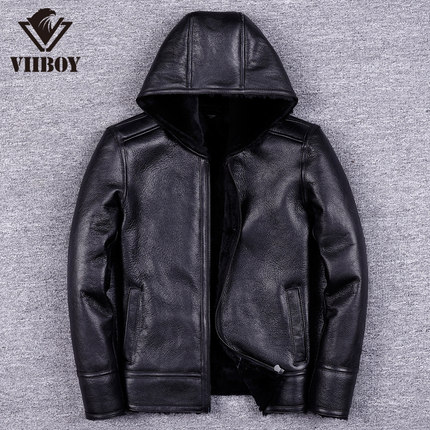 新品真皮皮衣男连帽皮毛一体皮夹克绵羊皮皮毛内胆机车服加厚外套