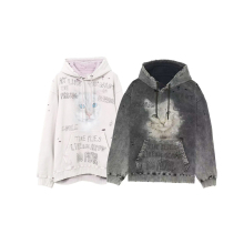 25SS MMY三原MIHARA日系洗水做旧破坏连帽卫衣猫咪印花连帽卫衣