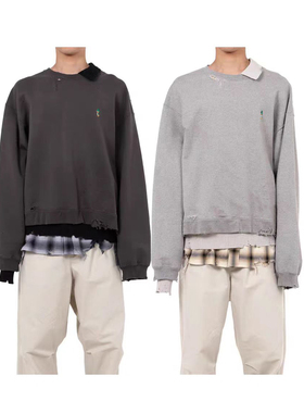 25AW MMY三原MIHARA日系洗水破坏卫衣做旧复古破洞叠层圆领卫衣